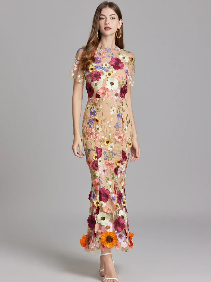 Embroidered 3D Floral Fitted Waist Short-sleeved Long Dress - Image 11