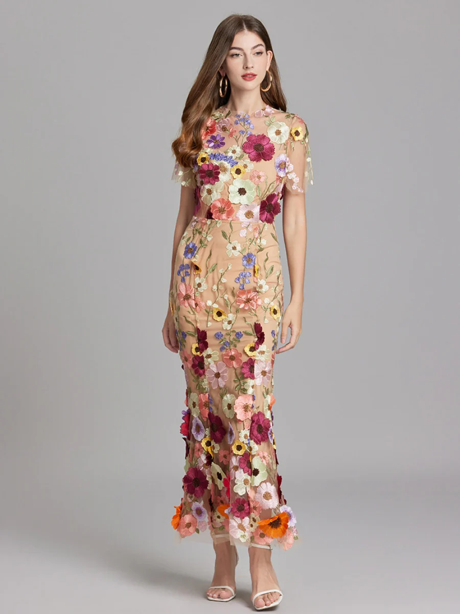 Embroidered 3D Floral Fitted Waist Short-sleeved Long Dress - Image 12
