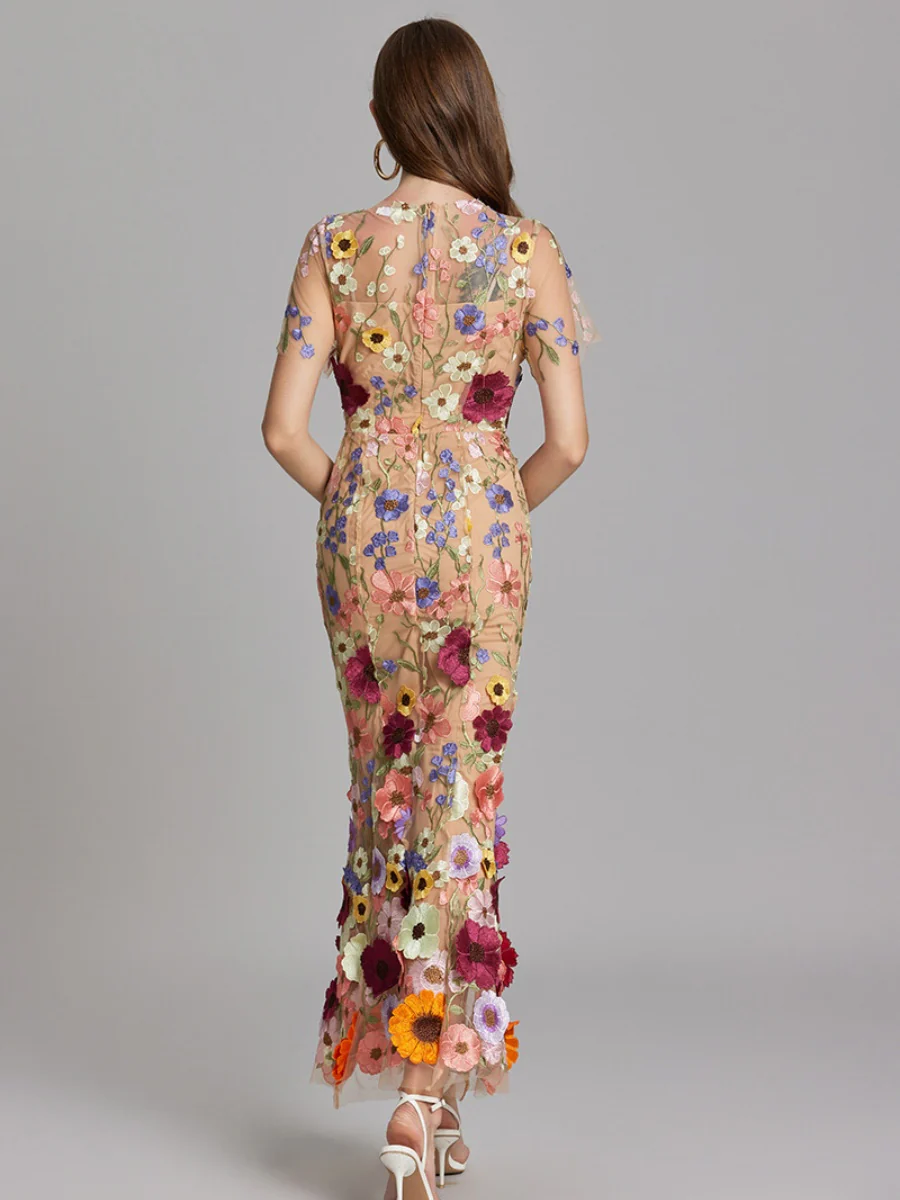 Embroidered 3D Floral Fitted Waist Short-sleeved Long Dress - Image 13