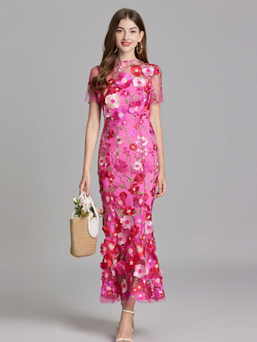 Embroidered 3D Floral Fitted Waist Short-sleeved Long Dress - Image 14