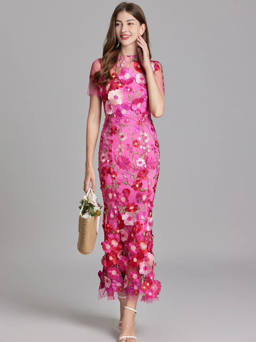Embroidered 3D Floral Fitted Waist Short-sleeved Long Dress - Image 15