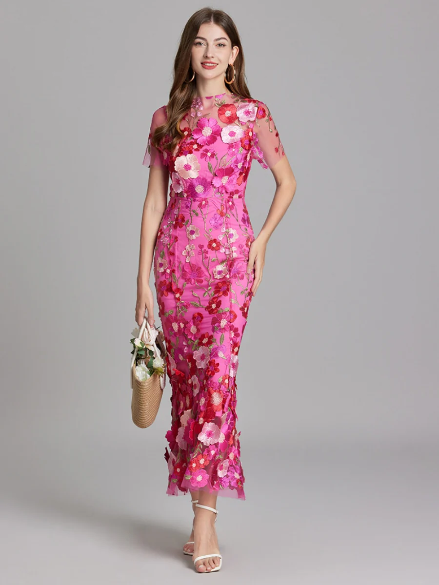 Embroidered 3D Floral Fitted Waist Short-sleeved Long Dress - Image 16