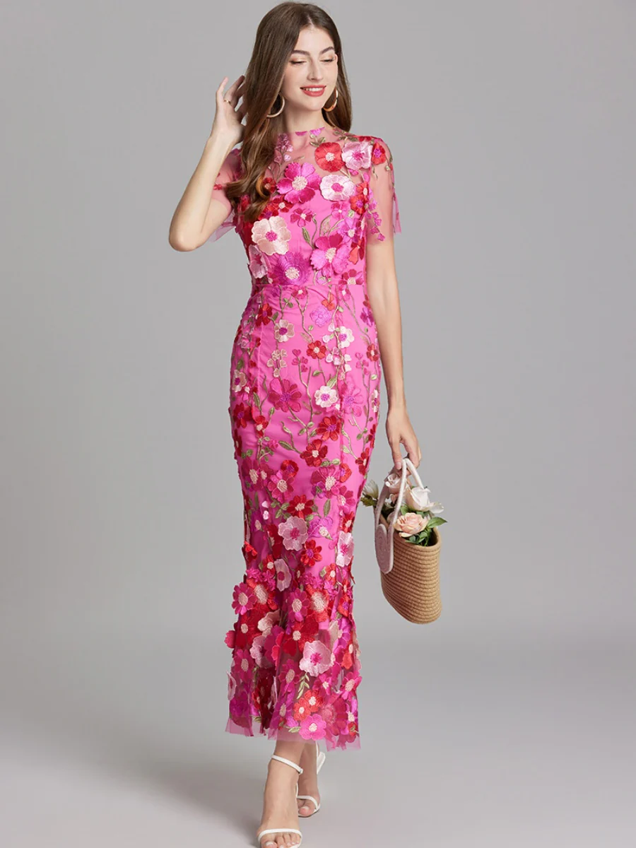 Embroidered 3D Floral Fitted Waist Short-sleeved Long Dress - Image 17