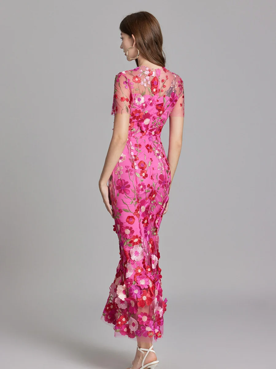 Embroidered 3D Floral Fitted Waist Short-sleeved Long Dress - Image 18