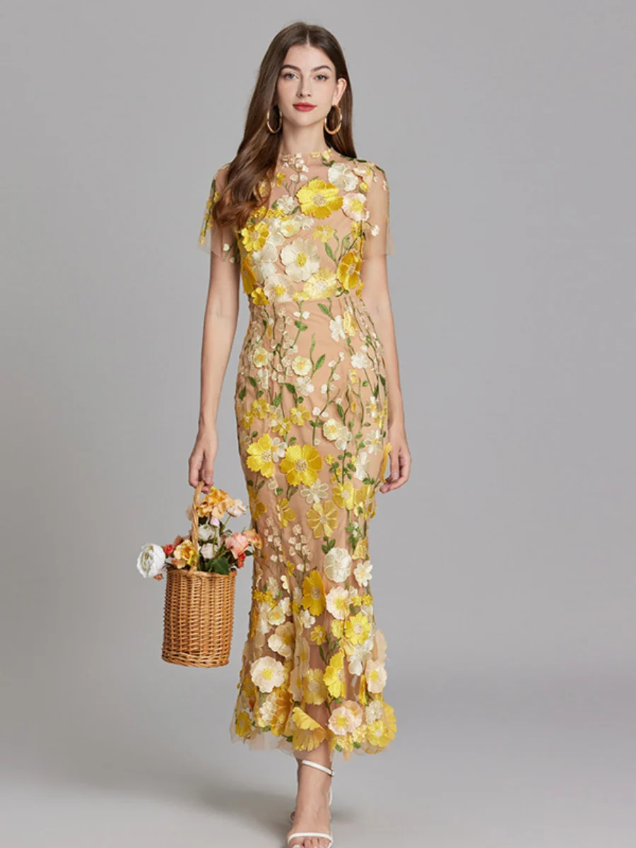 Embroidered 3D Floral Fitted Waist Short-sleeved Long Dress - Image 19