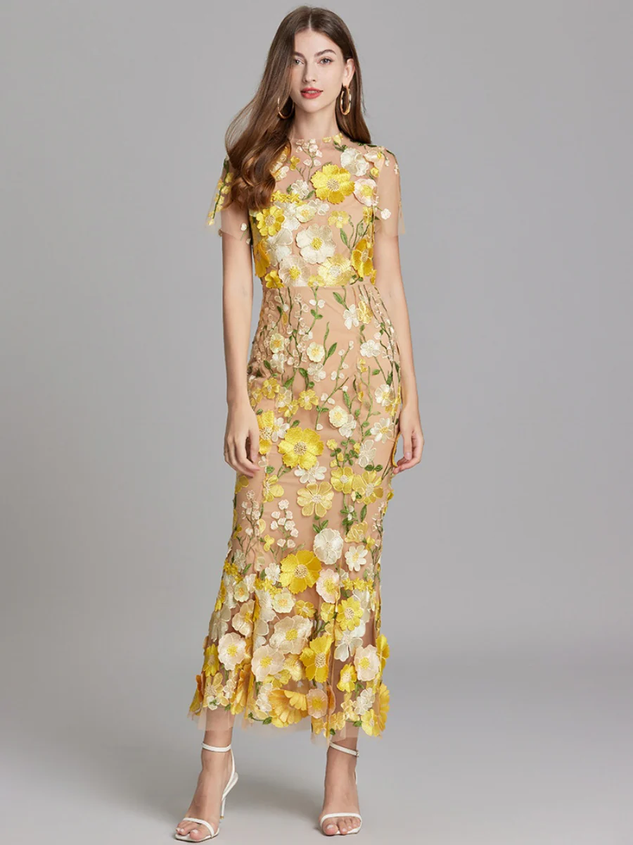 Embroidered 3D Floral Fitted Waist Short-sleeved Long Dress - Image 22