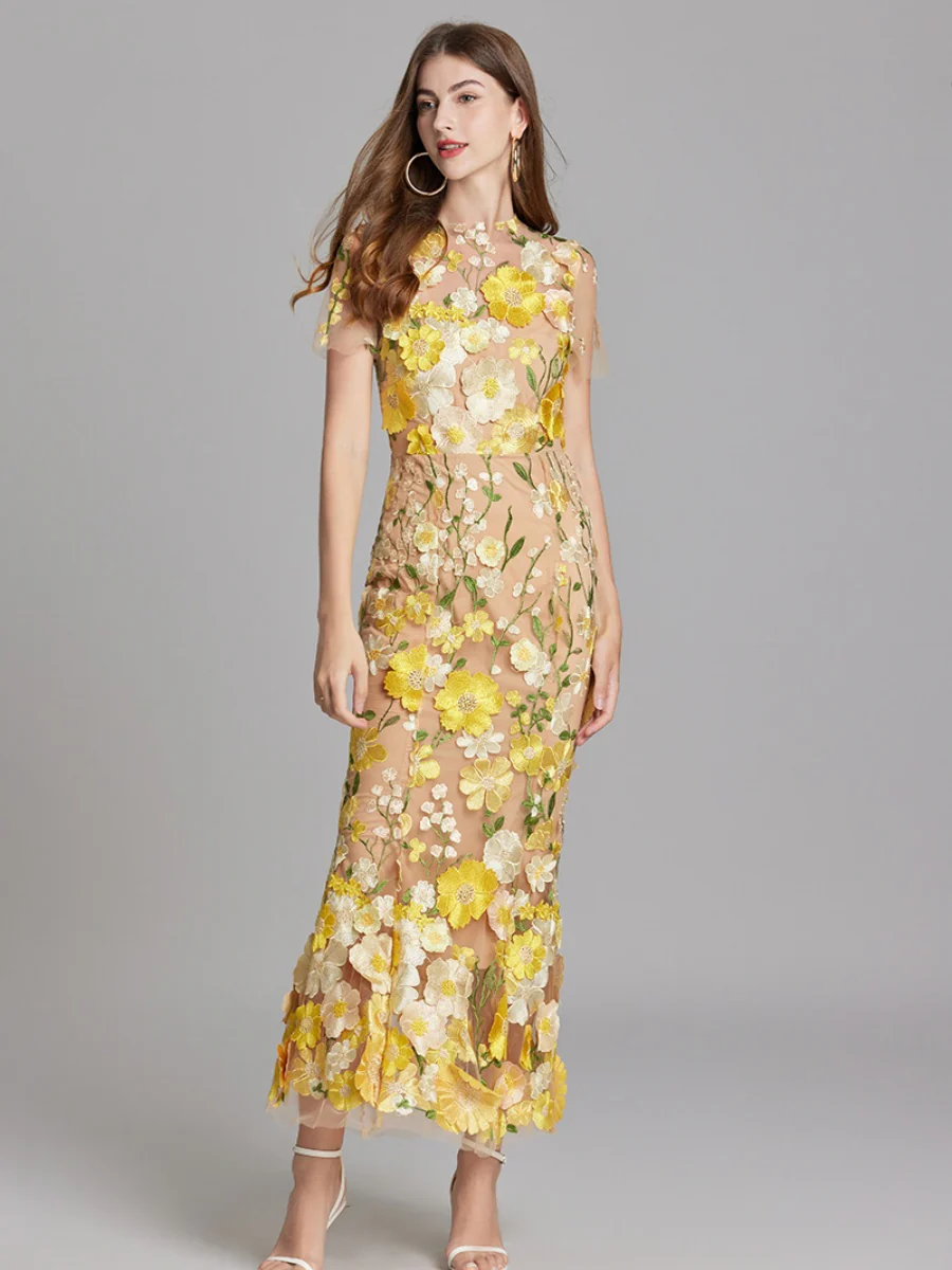 Embroidered 3D Floral Fitted Waist Short-sleeved Long Dress - Image 23