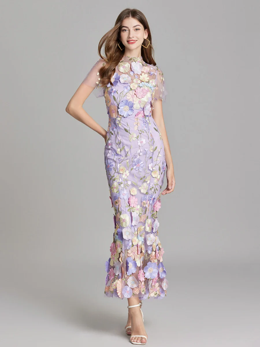 Embroidered 3D Floral Fitted Waist Short-sleeved Long Dress - Image 3