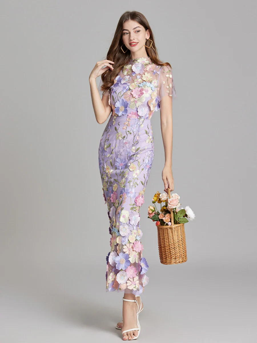 Embroidered 3D Floral Fitted Waist Short-sleeved Long Dress - Image 4