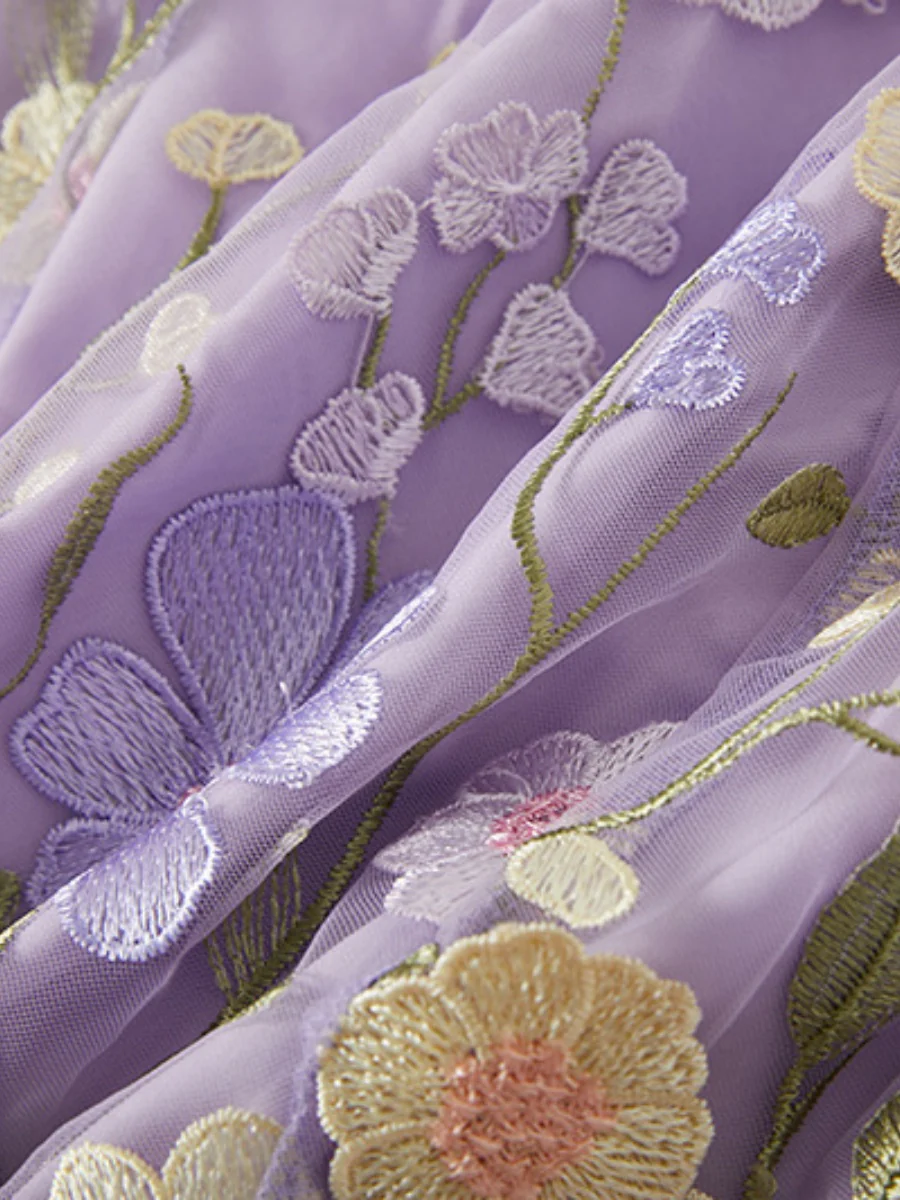Embroidered 3D Floral Fitted Waist Short-sleeved Long Dress - Image 8