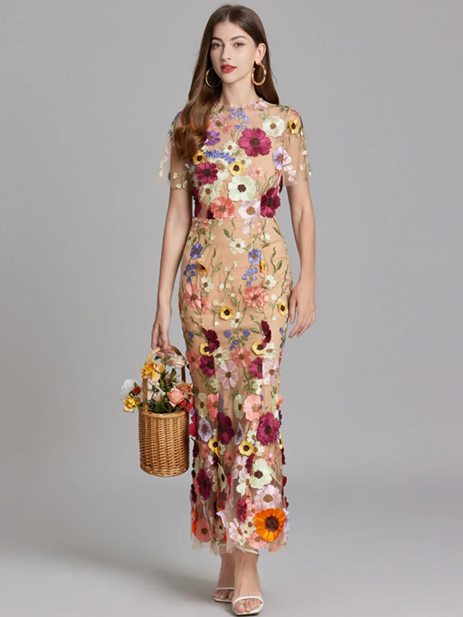 Embroidered 3D Floral Fitted Waist Short-sleeved Long Dress - Image 9