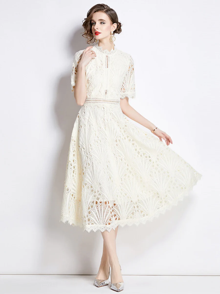 Crocheted Embroidered Lace Midi Dress