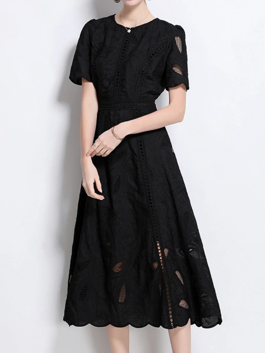 Retro Heavy-duty Hollowed-out Embroidered Round Neck Waist-cinching Short-sleeved Dress - Image 22