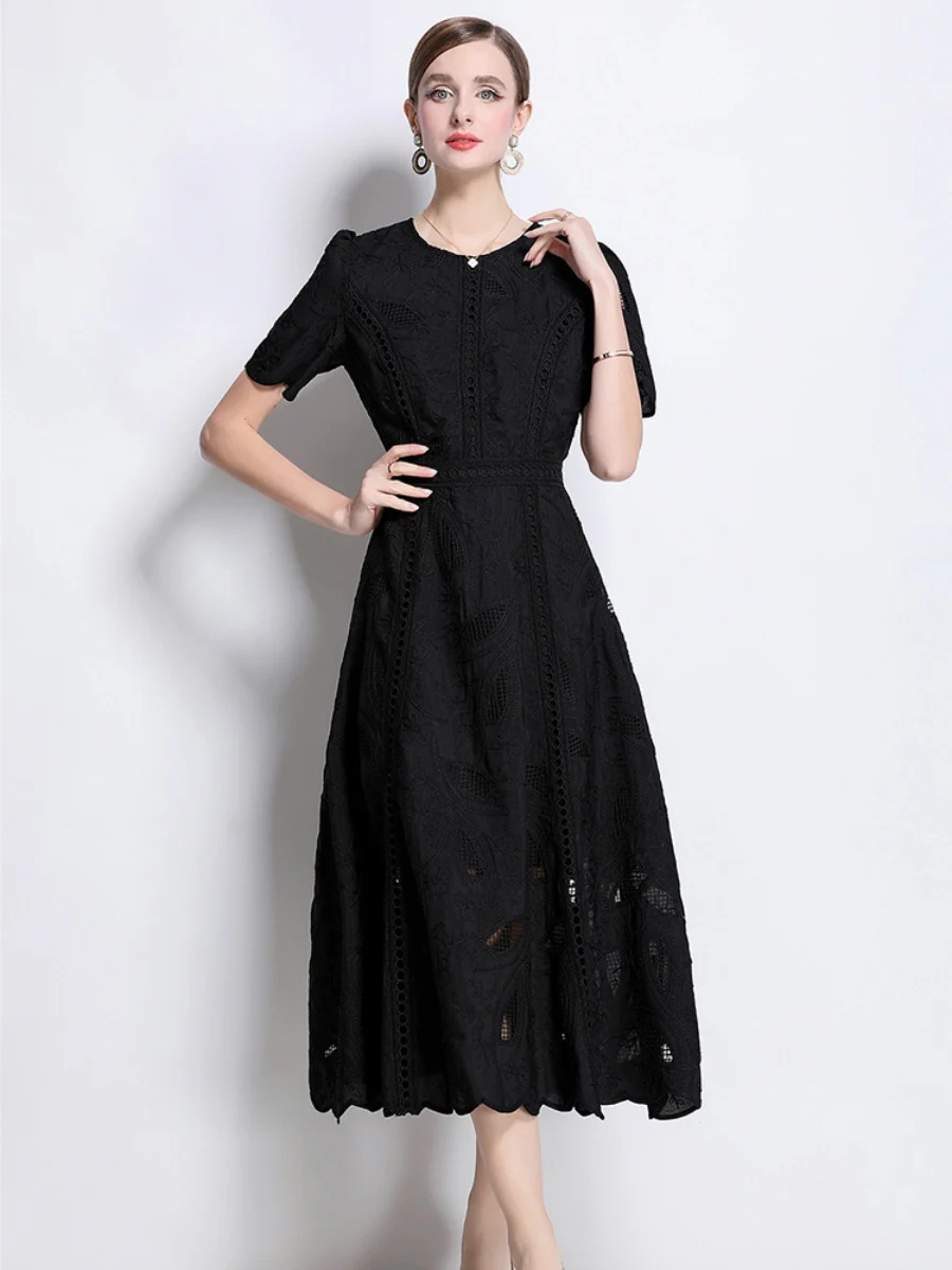 Retro Heavy-duty Hollowed-out Embroidered Round Neck Waist-cinching Short-sleeved Dress - Image 23