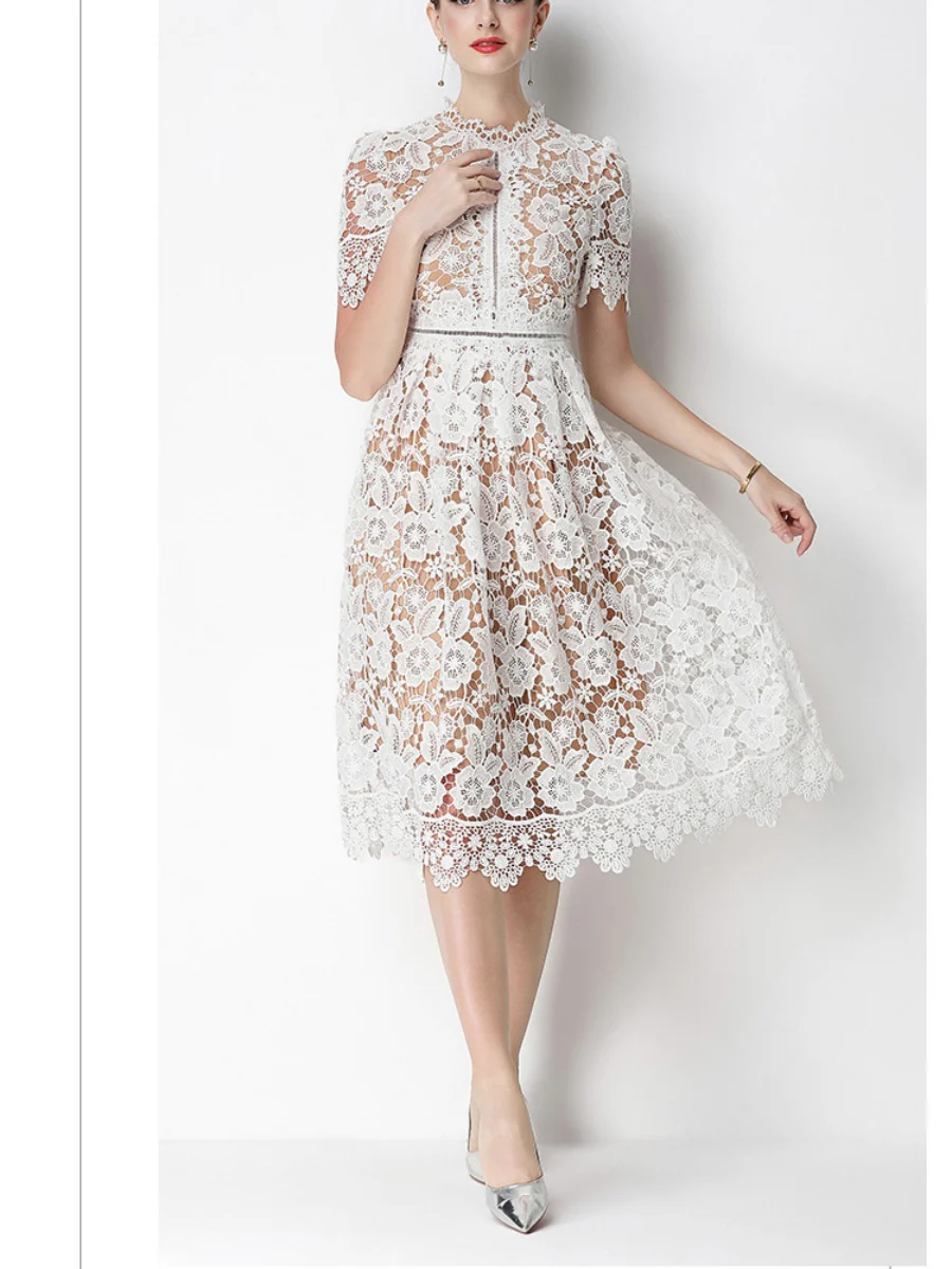 Hollow-out Water-soluble Lace Midi Dress - Image 11