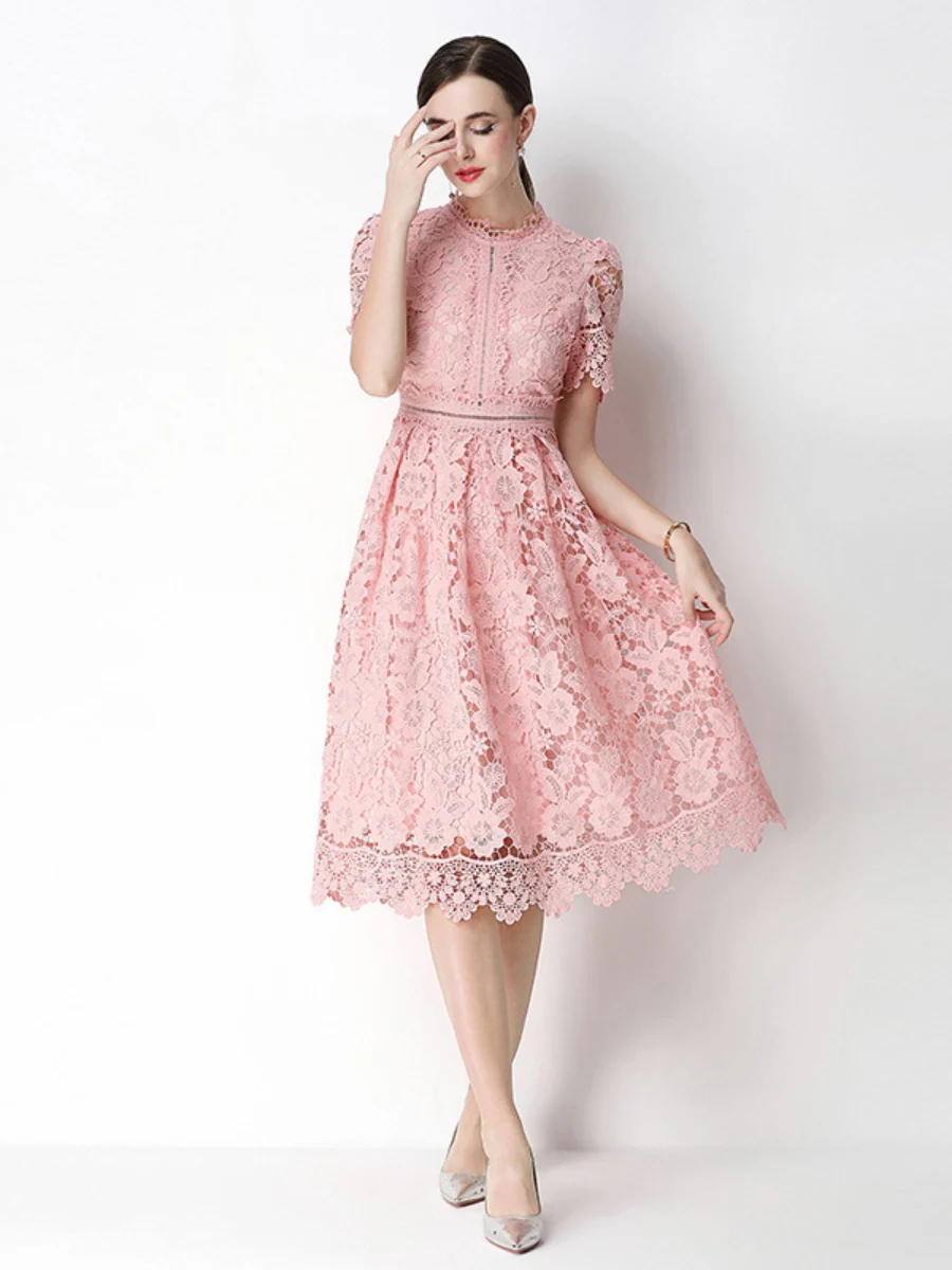 Hollow-out Water-soluble Lace Midi Dress - Image 13