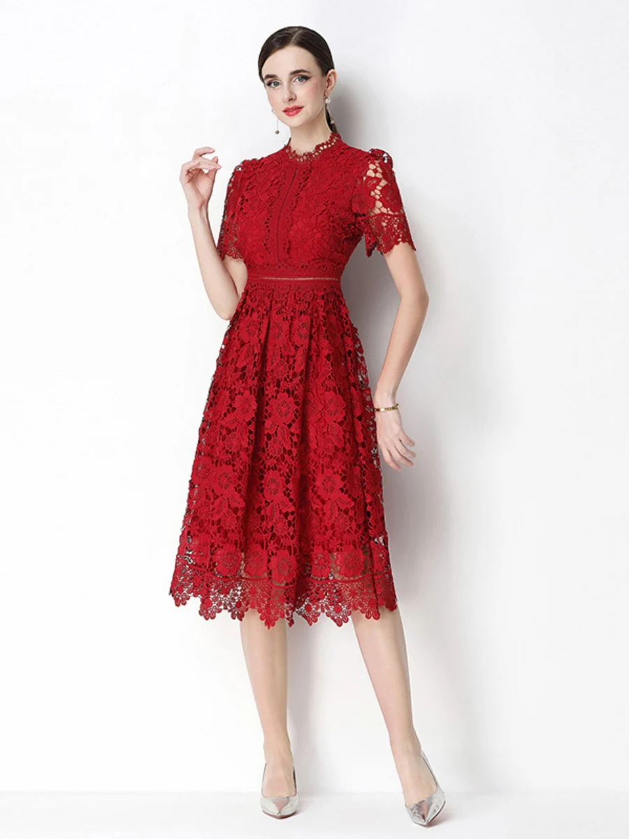 Hollow-out Water-soluble Lace Midi Dress - Image 15