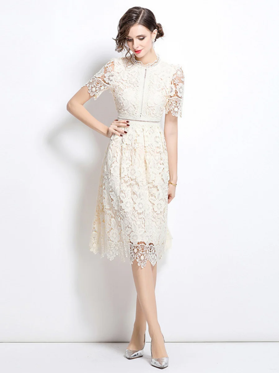 Hollow-out Water-soluble Lace Midi Dress - Image 17