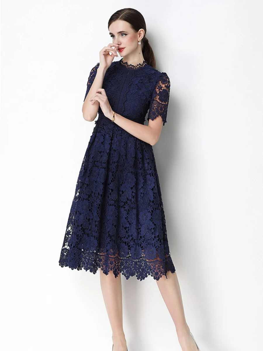 Hollow-out Water-soluble Lace Midi Dress - Image 7