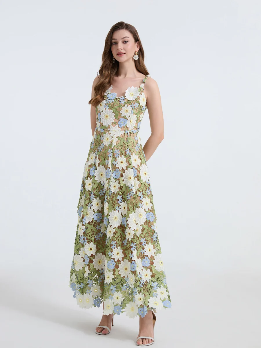 Lace Embroidery Spaghetti Strap Long Dress - Image 10