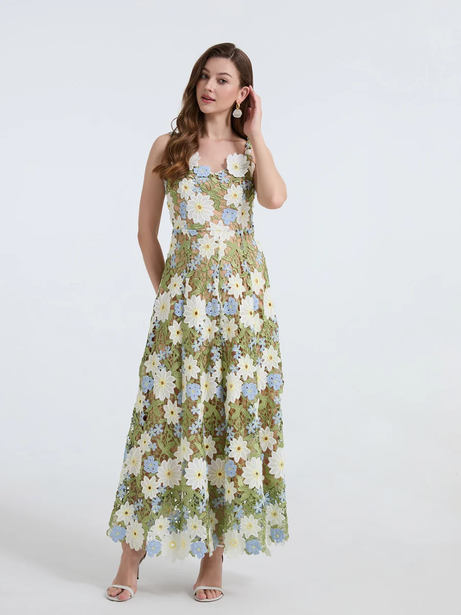 Lace Embroidery Spaghetti Strap Long Dress - Image 11