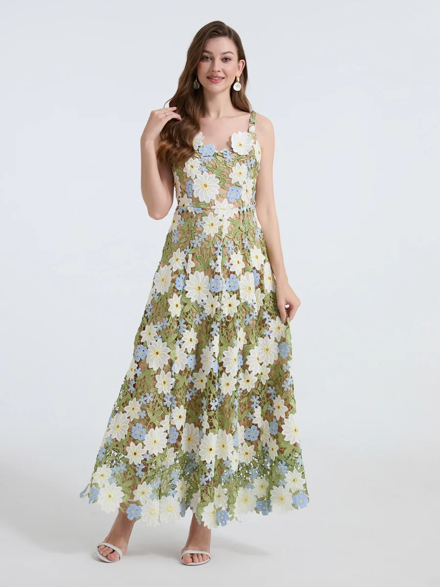 Lace Embroidery Spaghetti Strap Long Dress - Image 12