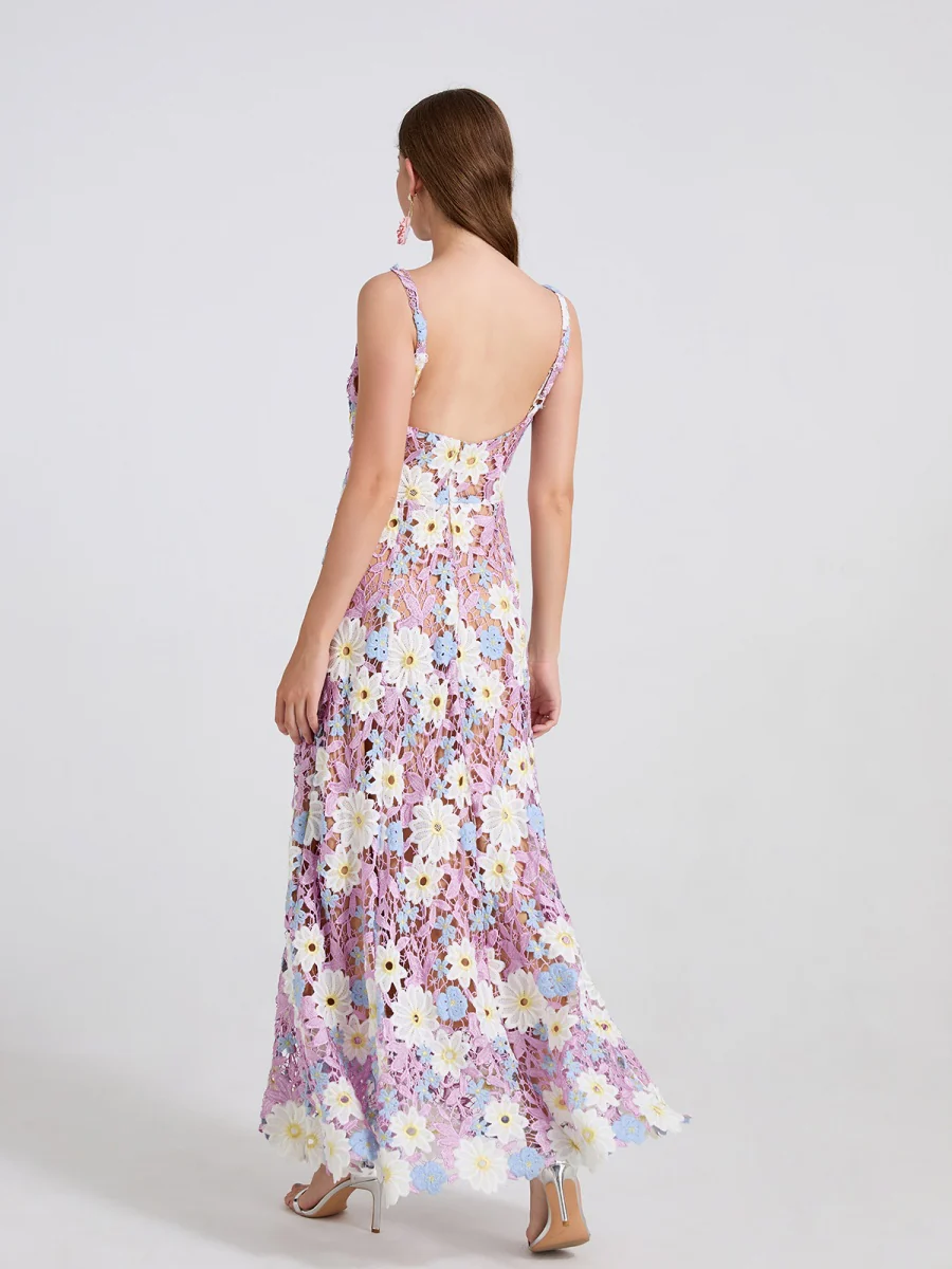 Lace Embroidery Spaghetti Strap Long Dress - Image 2