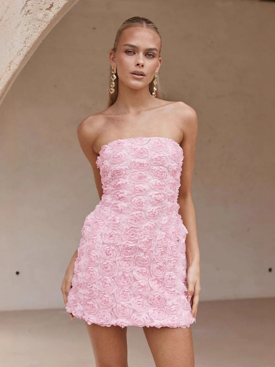 Versatile 3D Floral Strapless Bodycon Mini Dress