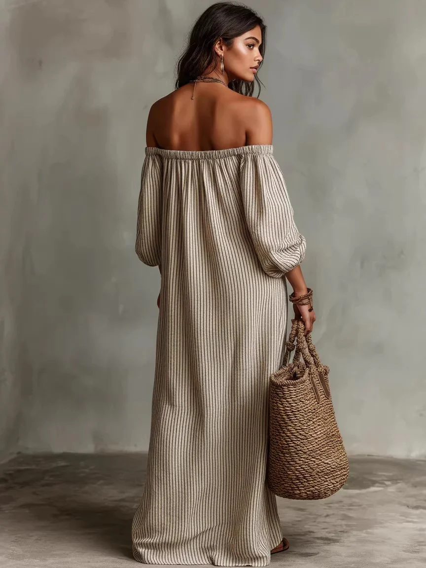 Striped Off-the-shoulder Linen Resort-style Long-sleeved Dress - Image 2