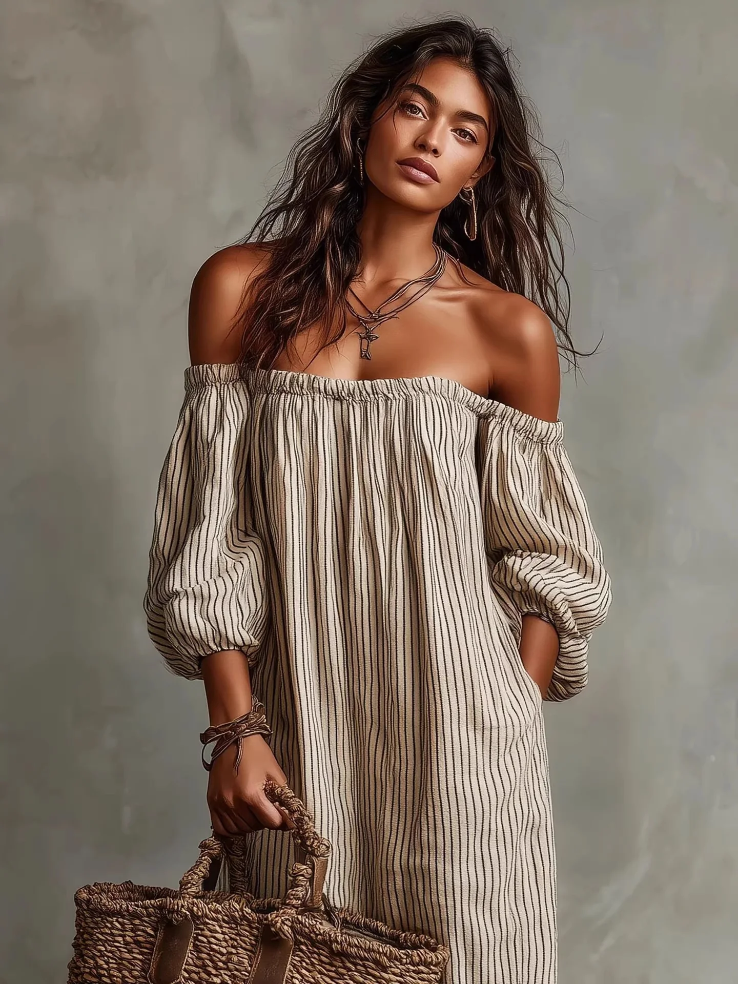 Striped Off-the-shoulder Linen Resort-style Long-sleeved Dress - Image 3
