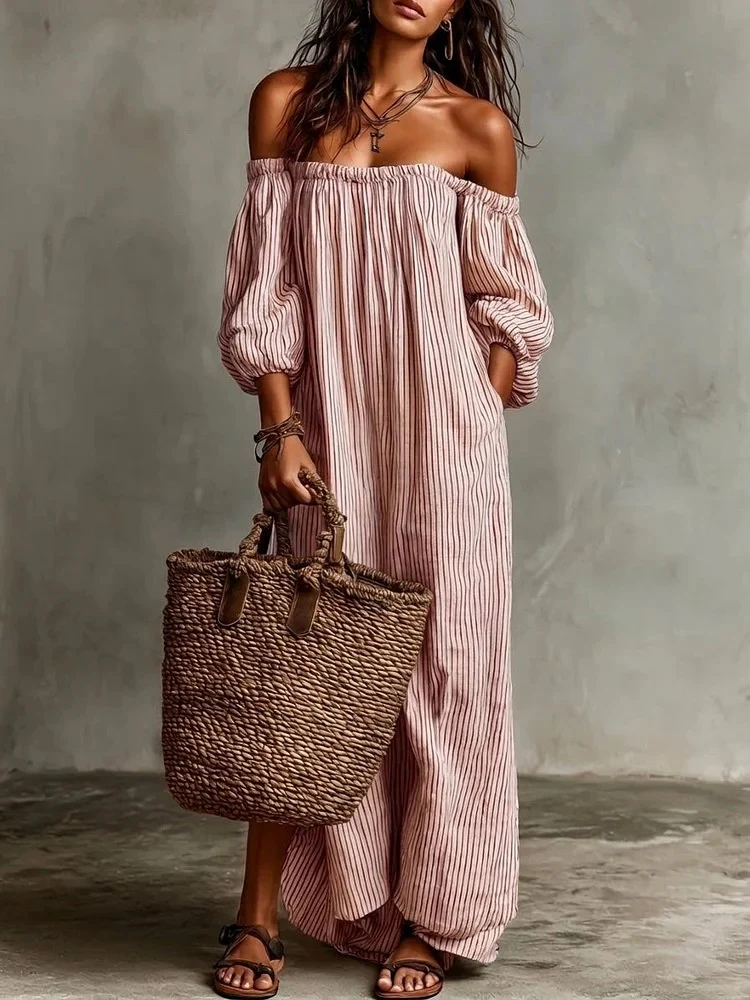 Striped Off-the-shoulder Linen Resort-style Long-sleeved Dress - Image 4