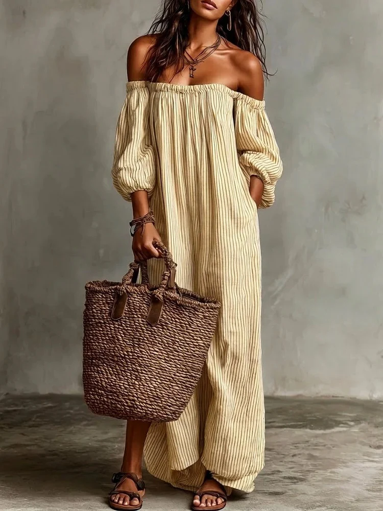 Striped Off-the-shoulder Linen Resort-style Long-sleeved Dress - Image 5