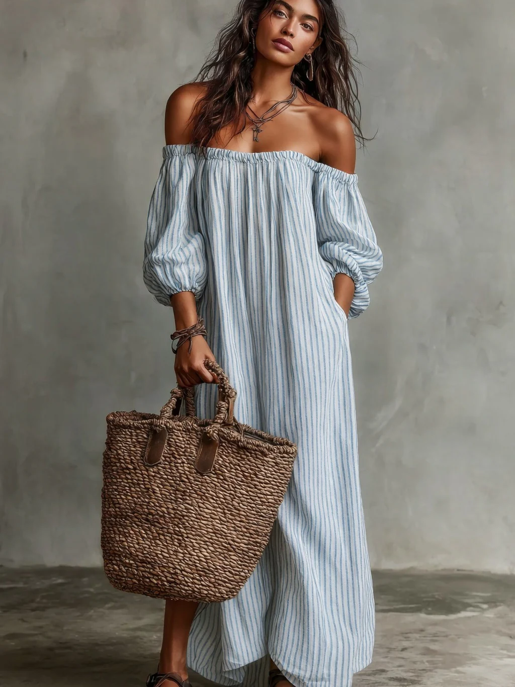 Striped Off-the-shoulder Linen Resort-style Long-sleeved Dress - Image 6