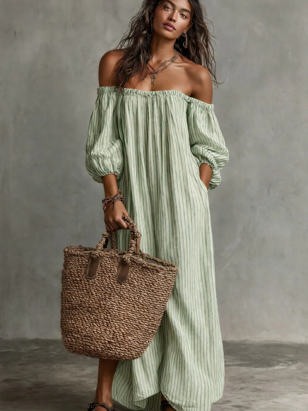 Striped Off-the-shoulder Linen Resort-style Long-sleeved Dress - Image 7