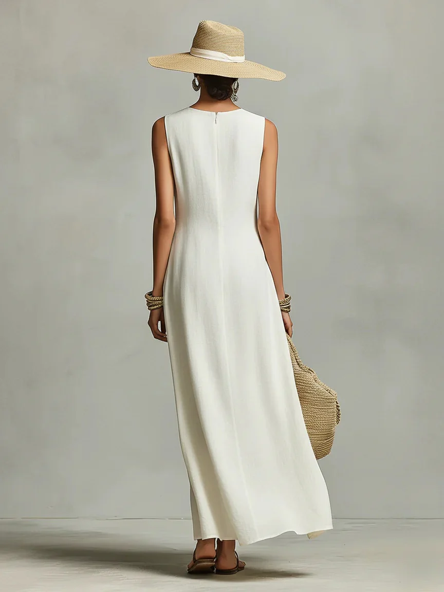 Sleeveless Asymmetrical Hem Cotton-linen Blend Long Dress - Image 2