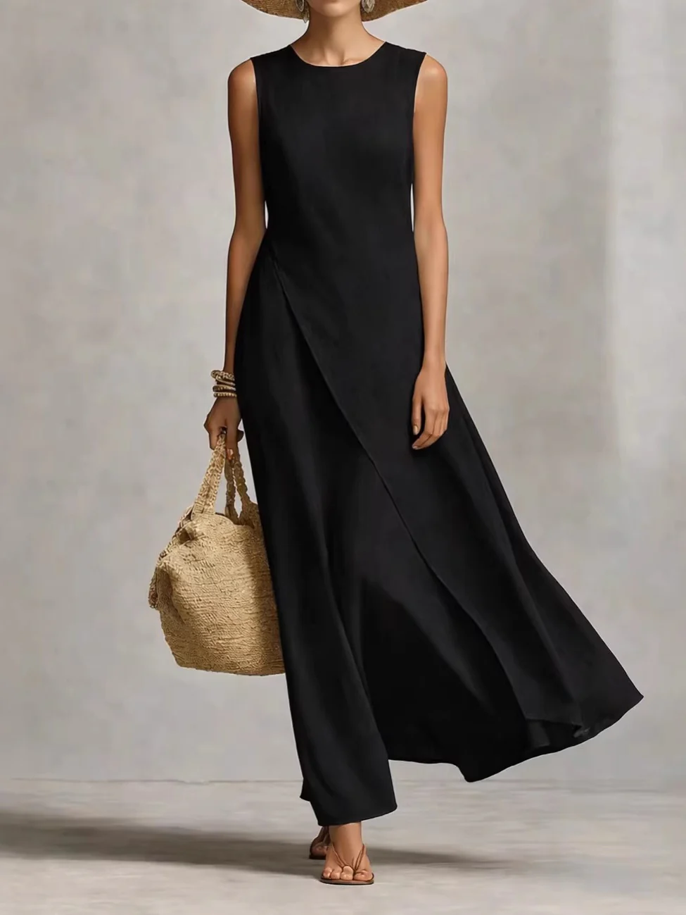 Sleeveless Asymmetrical Hem Cotton-linen Blend Long Dress - Image 5