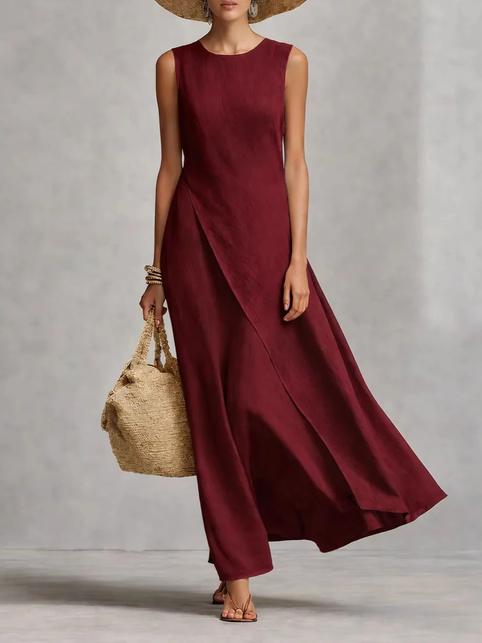 Sleeveless Asymmetrical Hem Cotton-linen Blend Long Dress - Image 6