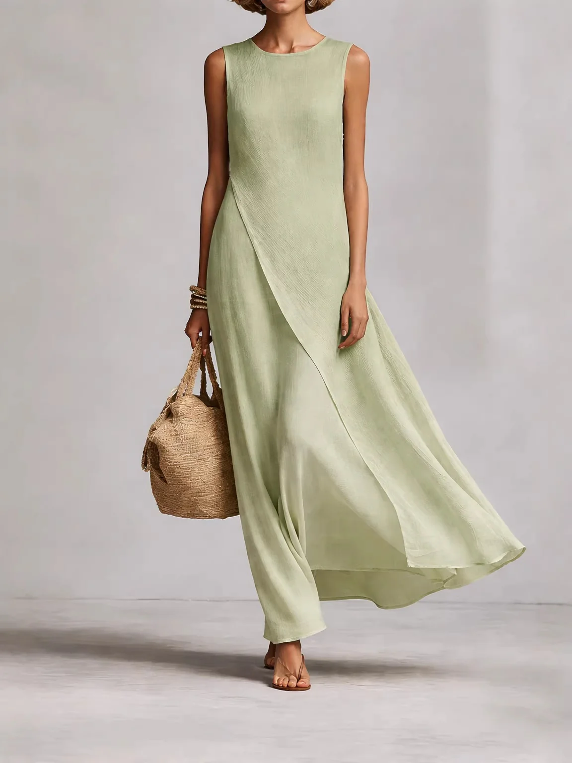 Sleeveless Asymmetrical Hem Cotton-linen Blend Long Dress - Image 8