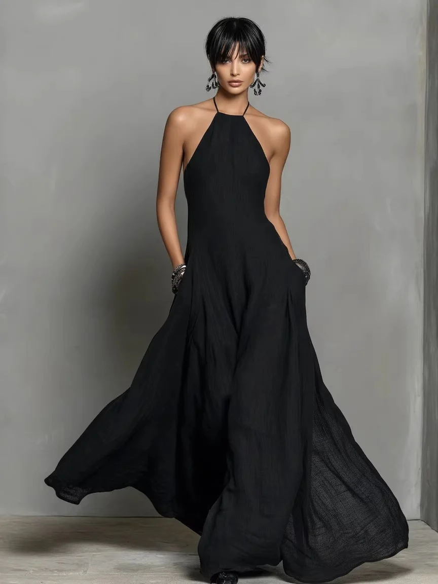 Halter Solid Color Backless Sleeveless Long Vacation Style Dress