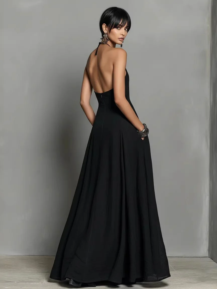 Halter Solid Color Backless Sleeveless Long Vacation Style Dress - Image 2