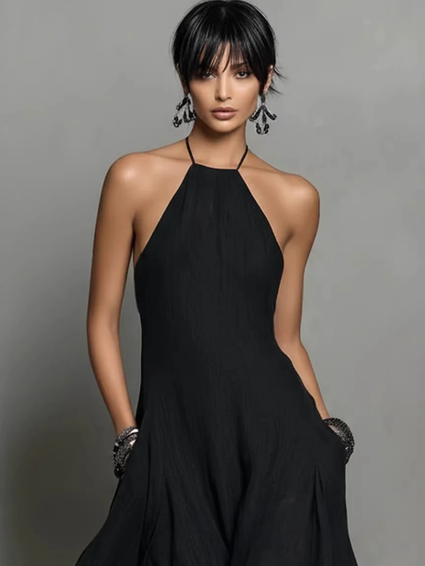 Halter Solid Color Backless Sleeveless Long Vacation Style Dress - Image 3