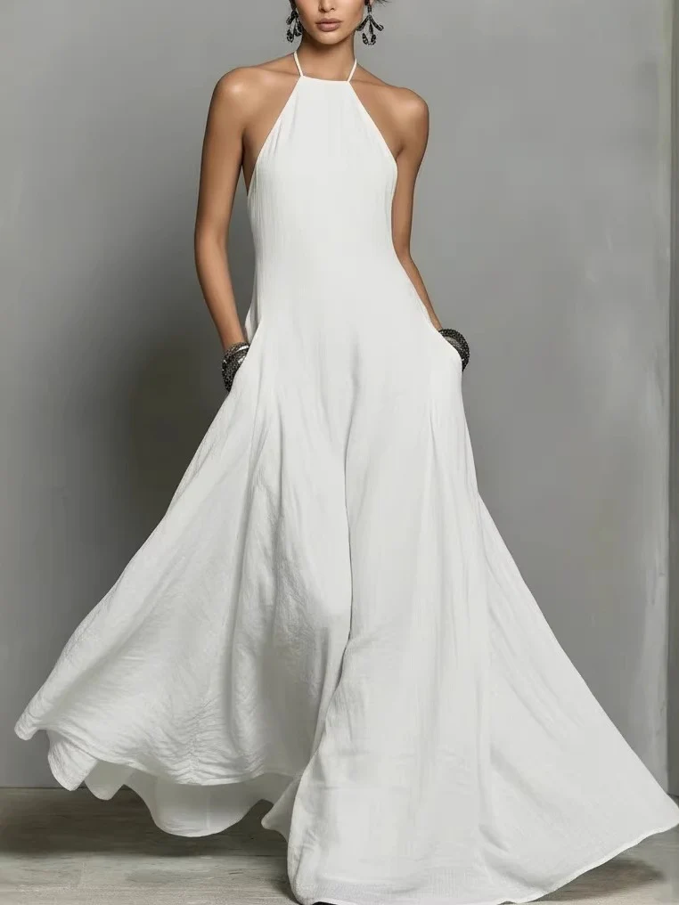 Halter Solid Color Backless Sleeveless Long Vacation Style Dress - Image 5