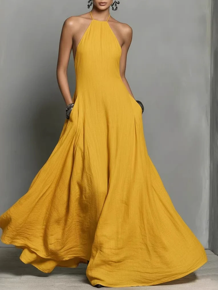 Halter Solid Color Backless Sleeveless Long Vacation Style Dress - Image 6