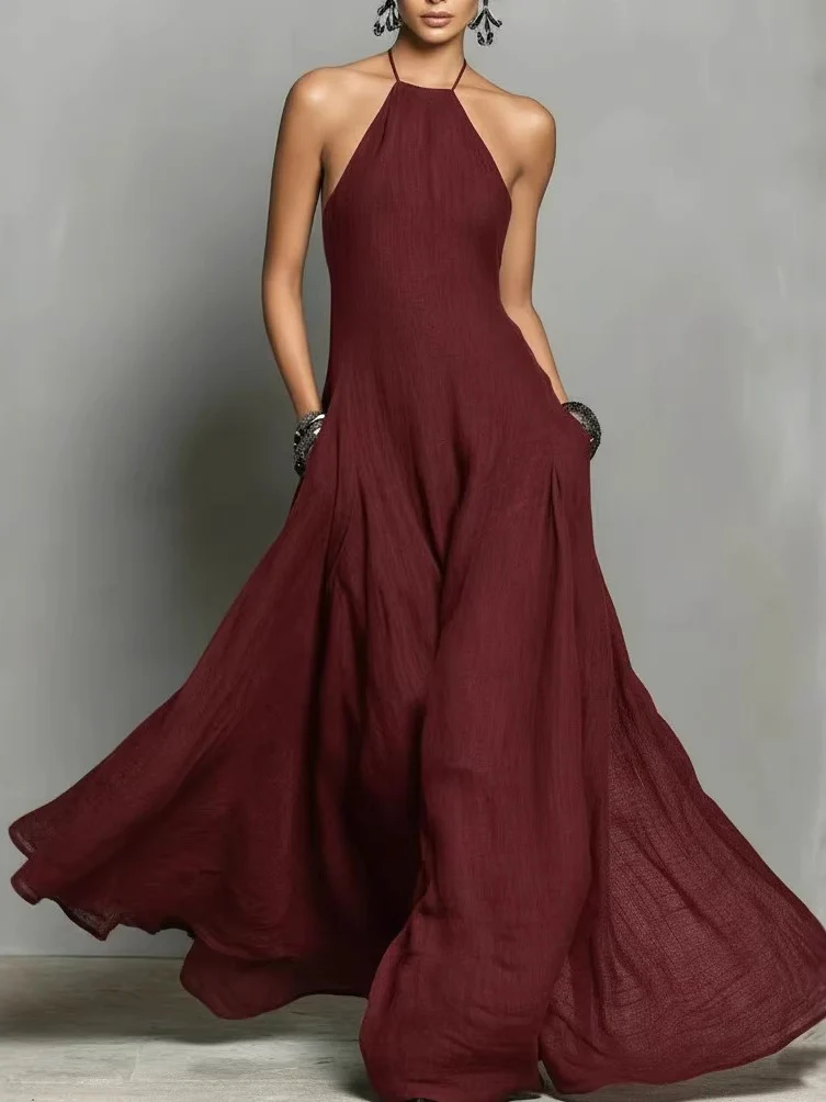 Halter Solid Color Backless Sleeveless Long Vacation Style Dress - Image 7