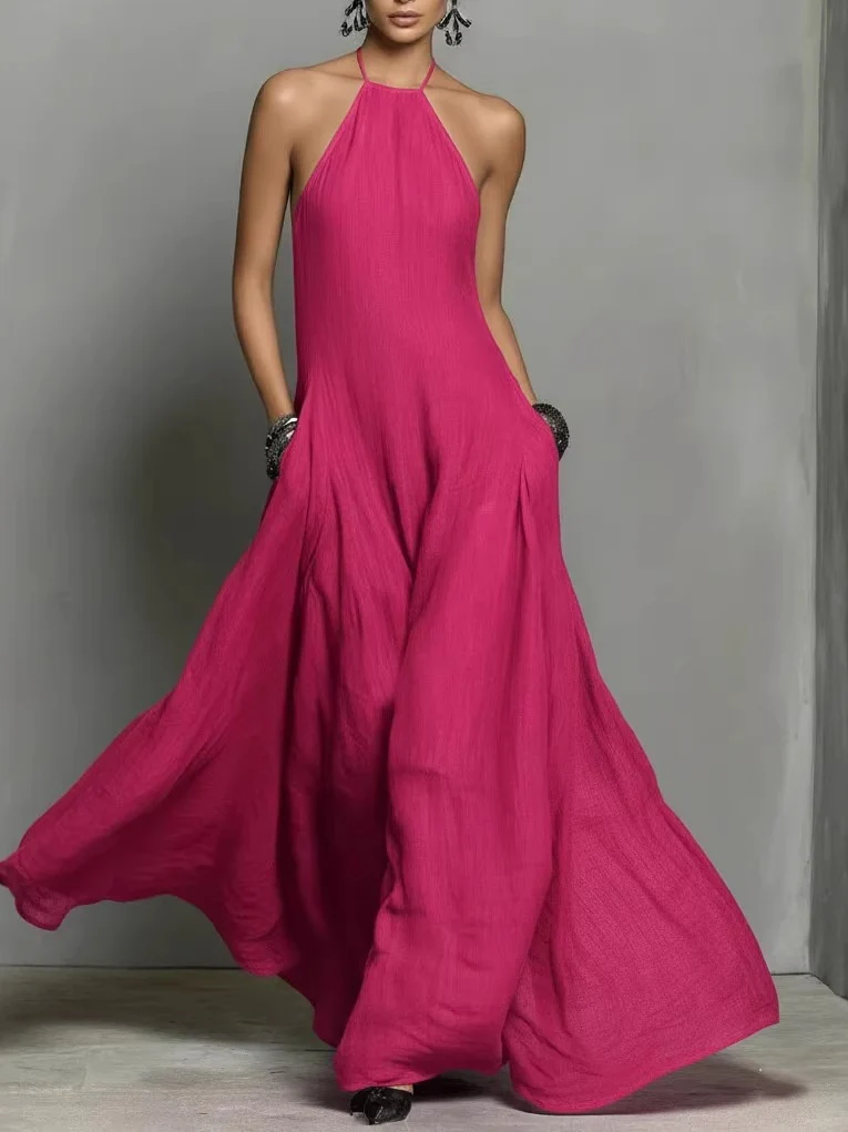 Halter Solid Color Backless Sleeveless Long Vacation Style Dress - Image 8