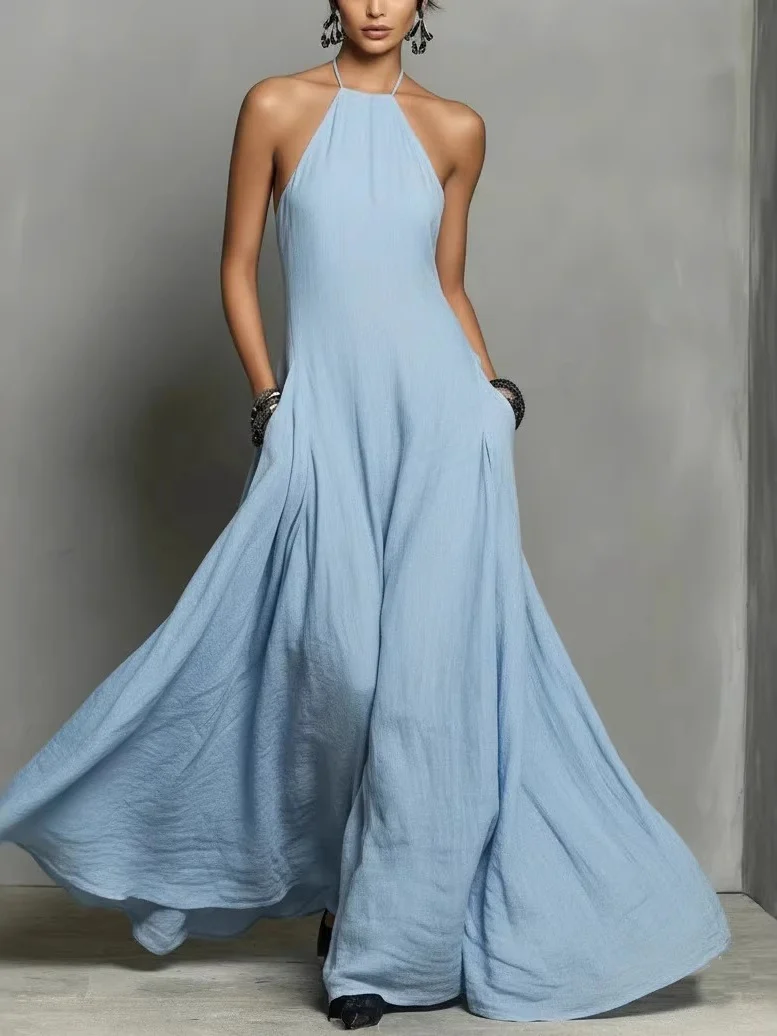 Halter Solid Color Backless Sleeveless Long Vacation Style Dress - Image 9