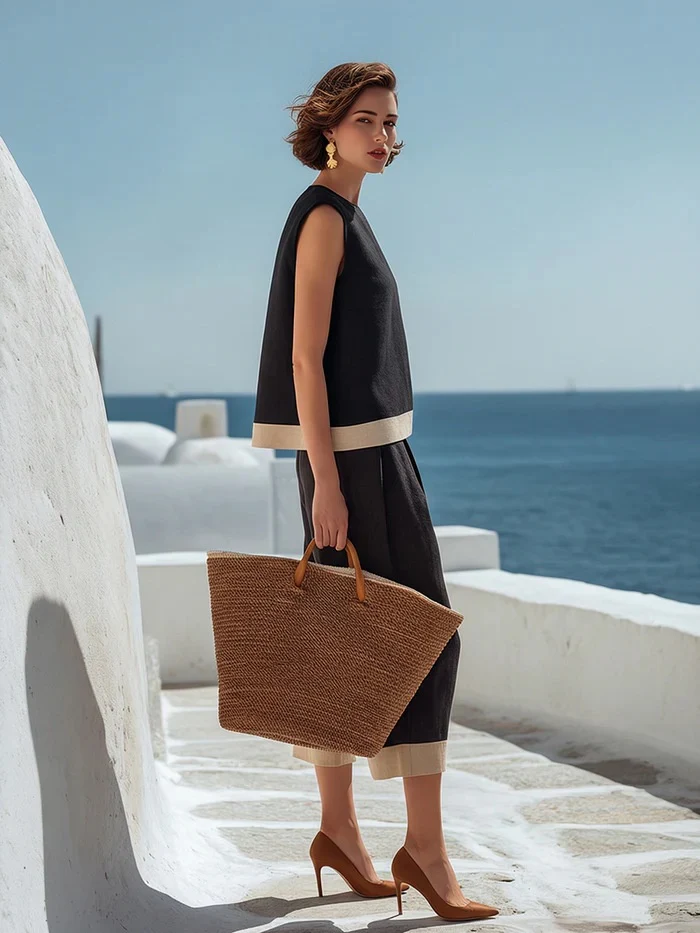 Color-blocked Cotton-linen Blend Bohemian-style Two-piece Set - Image 3