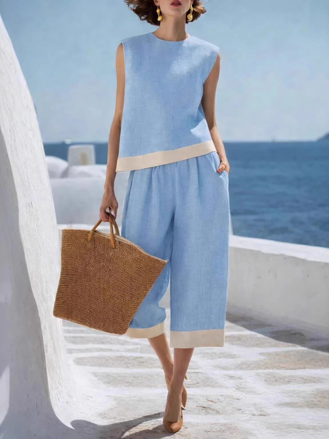Color-blocked Cotton-linen Blend Bohemian-style Two-piece Set - Image 4