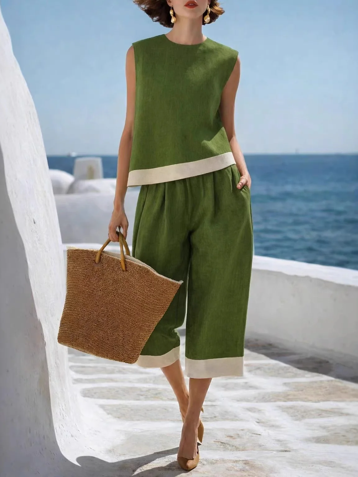 Color-blocked Cotton-linen Blend Bohemian-style Two-piece Set - Image 5