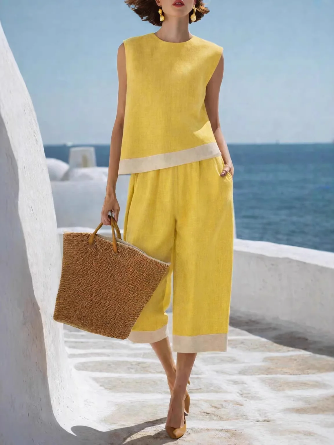 Color-blocked Cotton-linen Blend Bohemian-style Two-piece Set - Image 6